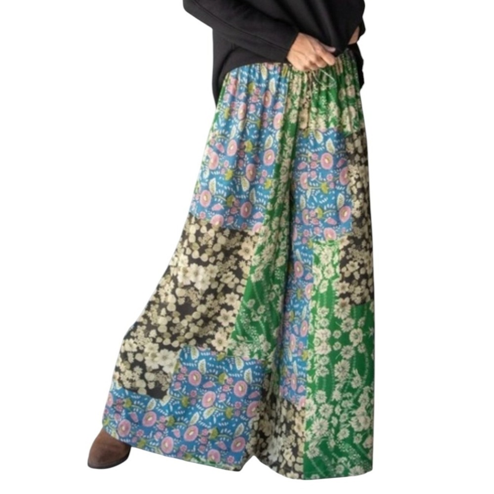Natural Life Go with the Flow Pants Green Patchwork Wide Leg Drawstring Boho XS